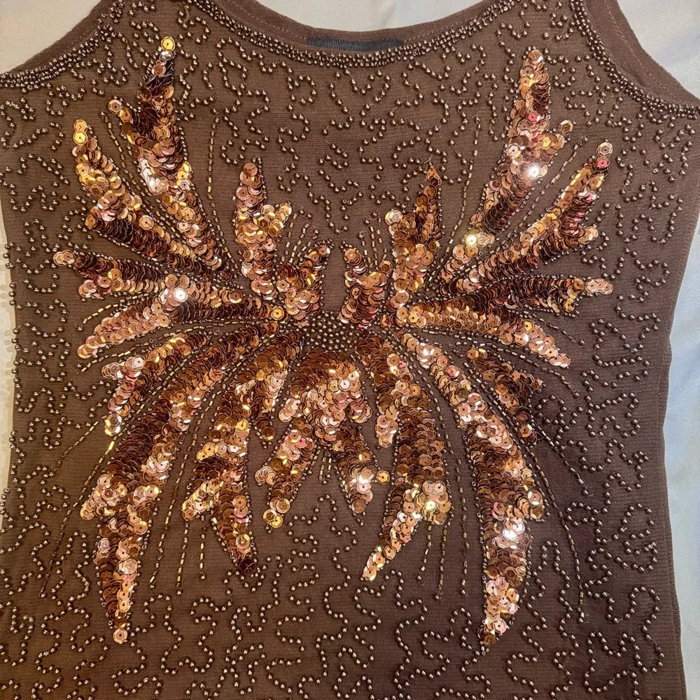 Brown Sequin Embellished Sleeveless Tank Top - Picture 5 of 7